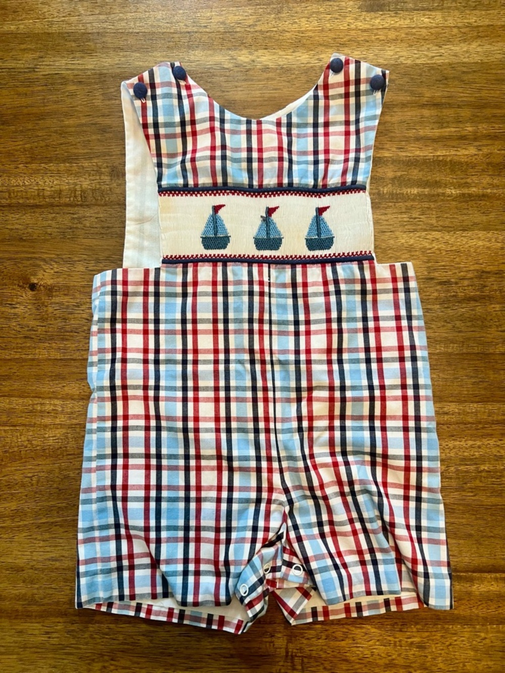 Red & Blue Plaid Sailboat Smocked Boys' Overalls